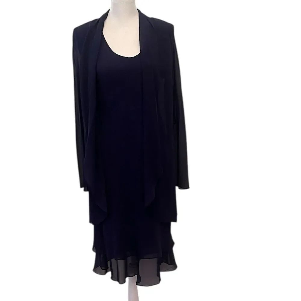 Jones New York navy blue size 6P silk flowy sheer long sleeve ruffled dress EUC